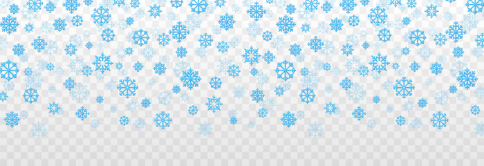 Wall Mural - Snow background png. Vector volumetric snowflakes. Snowflakes of different shapes. Snowfall, blizzard, falling snowflakes. Christmas background.