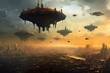 Spaceships flying above a bleak cityscape. Generative AI