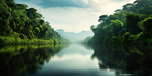 Tropical Rainforest Around River Covered With Mist. Generative AI