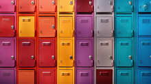 Front View Of A Stack Of Colorful Metal School Lockers With Combination Locks And Doors.background 