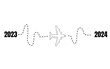 © Teerapat - 2023 to 2024 airplane route on background. Travel from the start point along the dotted line. business  idea and travel concepts, New year trends 2024, Vector illustration.