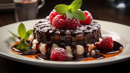 Sticker - Shot of chocolate cake with molten center on a silver platter