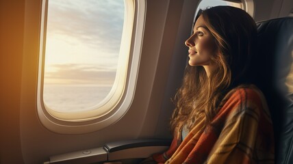 A young modern cute woman in the passenger seat looks out the windows of the airplane. girl traveler flies on a plane AI.