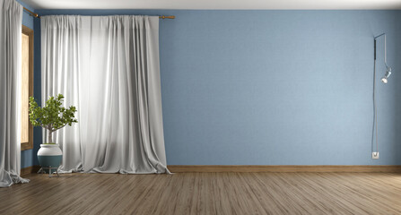 Sticker - Empty blue room with curtain and hardwood floor