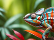 Green chameleon with red and white stripes on blured jungle forest background
