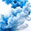 Colorful blue acrylic ink in water or volumetric smoke clouds isolated on white background