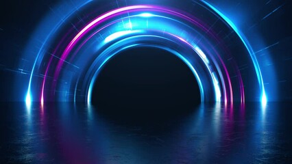 Poster - Abstract background with blue futuristic portal concept. Bright neon lights and flares animation for high technology design. Colorful energy circles motion texture. Seamless loop.