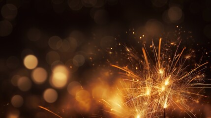 Gold fireworks explosion in night sky. Black background.