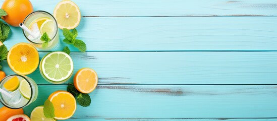 Poster - Refreshing summer cocktails with mint lemonade or mojito fruit flavors light blue wooden background sunny Copy space top view With copyspace for text