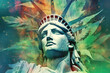 Collage with the head of the Statue of Liberty and Marijuana Leaves in neon colors