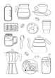 © Mussbila - Lined Hand drawn coffee, cafe food and coffeemaker elements cartoon art illustration