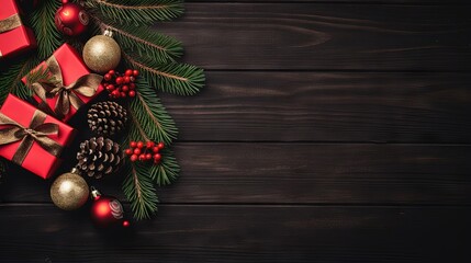 Poster - Christmas background concept. Top view of Christmas gift box red balls with spruce branches, pine cones, red berries and bell on black wooden background.