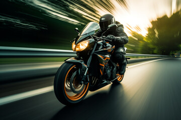 Wall Mural - black motorbike rider at high speed along the highway, 3d rendering , AI generative  