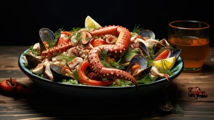 Poster - Homemade Cold Seafood Salad with Fish Mussels and Octopus