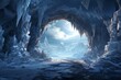 Otherworldly ice cave tunnel with intricate ice formations and a chilly ambiance, Generative AI