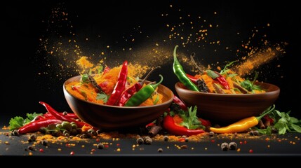 Poster - Colorful spices and peppers in wooden bowls flying over black background. Spices and seasonings powder splash. Freeze motion photo.