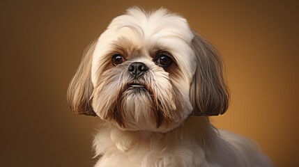 Poster - close short-haired shihtzu dog with beige coat on brown background. front view. pet. grooming shihtzu. look of dogs