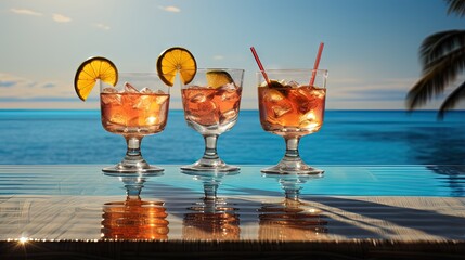 Poster - Cocktail glasses at pool, beach side.