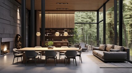Poster - Modern contemporary loft living and dining room with nature view 3d render There are wooden wall and ceiling and concrete floor decorated with dark gray fabric furniture