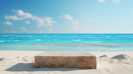 Sticker - Summer sand and tropical sea background with abstract stone podium