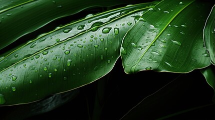 Leinwandbilder - drop of water on tropical banana palm leaf, dark green foliage, nature background