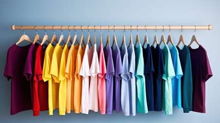 Poster - row of many fresh new fabric cotton t-shirts in colorful rainbow colors hangng on clothes rail in wrdrobe. Various colored shirts on blue white background. diy printing fashion concept.