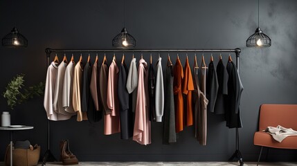 Aufkleber - Stylish clothes hanging on rack in dressing room. Interior design