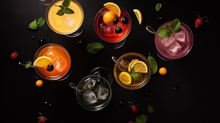 Canvas Print - Cocktails assortment served on dark background. Classic drink menu concept. Top view, flat lay, copy space