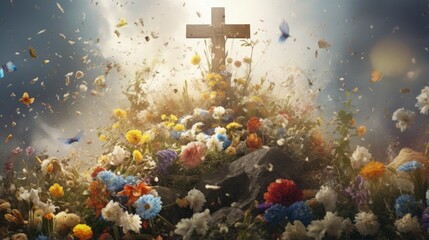 Poster - Cross symbolizing the death and resurrection of Jesus Christ, spring flowers, falling petals and bright sunlight