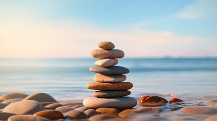 Poster - Balanced pebbles pyramid on the beach on sunny day and clear sky at sunset. Blue sea on background. Selective focus, bokeh. Zen stones on sea beach, meditation, spa, harmony, calm, balance concept.