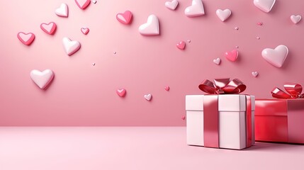 Poster - happy valentine's day banner. heart, gift and box on pink background. space for text. 3D illustration