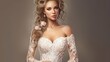 Front view of beautiful bride in the white wedding dress. Gorgeous wedding dress with stylish sleeves decorated with lace. Wedding lacy corset with cleavage