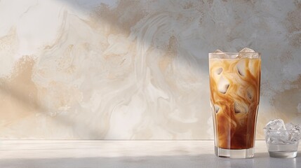 Leinwandbilder - Iced coffee in a glass with cream, ice cubes and grains on a light marble background with morning shadows. The concept of a cold summer drink. Copy space.