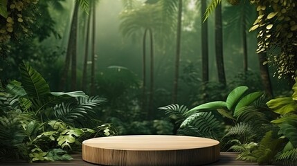 Poster - Wood pedestal in tropical forest for product presentation and green wall.3D rendering