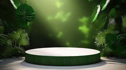 Aufkleber - 3D stone green podium or rock dais stage and nature green leaves. elegant green podium mock-up stand product scene green nature background. 3d podium stage illustration render tropical style.