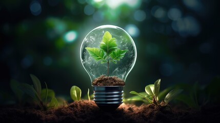 Sticker - Sustainable or renewable green energy concept illustrated with a tree seedling grow and lit a led bulb as fruit. Mixed media. 3d Rendering and Photo.