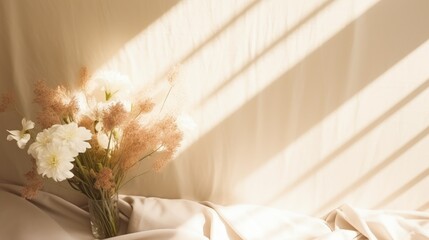 Poster - Floral sunlight shadows on neutral beige cloth,aesthetic minimalist natural background, copy space