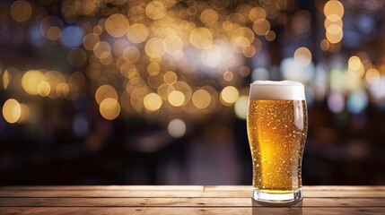 Wall Mural - Glass of chilled beer on table and blurred sparkling bar background.