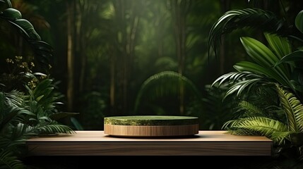 Poster - Wood pedestal in tropical forest for product presentation and green wall.3D rendering