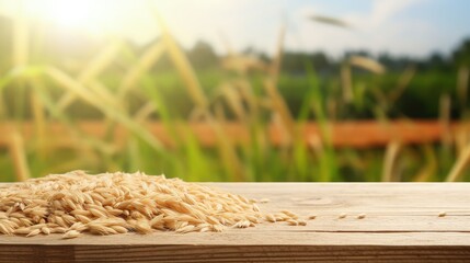 Poster - Wooden table top on blur rice field background in daytime.Harvest rice or whole wheat.For montage product display or design key visual layout.View of copy space.
