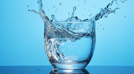 Wall Mural - Pouring water into glass on blue background