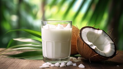 Poster - Cool coconut juice with coconut plant background.