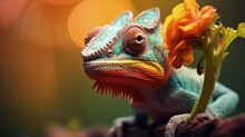Chameleon On The Flower. Beautiful Extreme Close-up.