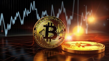 Aufkleber - Golden bitcoin coin in neon light with bull trading stock chart.Bitcoin Gold and Cash lightning blockchain hard fork concept.Cryptocurrency coin on polygon peer to peer network background.