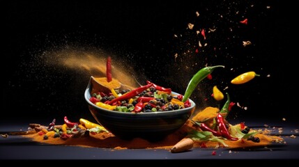 Poster - Colorful spices and peppers in wooden bowls flying over black background. Spices and seasonings powder splash. Freeze motion photo.