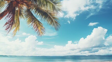 Poster - Palm tree on tropical beach with blue sky and white clouds abstract background. Copy space of summer vacation and business travel concept. Vintage tone filter effect color style.