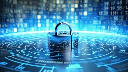 Aufkleber - Digital internet cyber security technology concept - binary code circles around padlock on graphic cube pattern background - 3D-Illustration