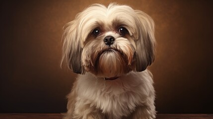 Poster - close short-haired shihtzu dog with beige coat on brown background. front view. pet. grooming shihtzu. look of dogs