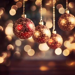 Poster - Red and Gold Christmas balls with bokeh lights. Merry Christmas ornaments.