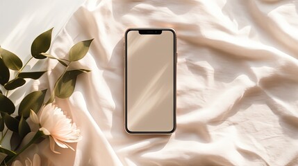 Poster - Mobile phone with blank screen mock up on a neutral beige linen background with aesthetic floral sunlight shadows, minimalist business brand, social media blog template, copy space
